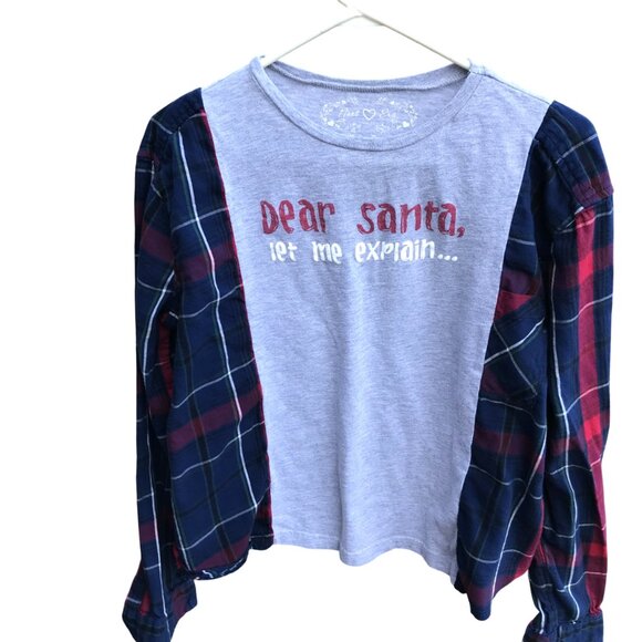 Reworked Flannel Tee Christmas, Size S-M: Upcycled Holiday Graphics Plaid Shirt - Picture 1 of 9